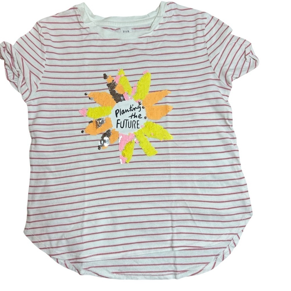 GAP Kids Girls Striped Sequin Graphic T-Shirt “Planting the Future” | Size S 6–7